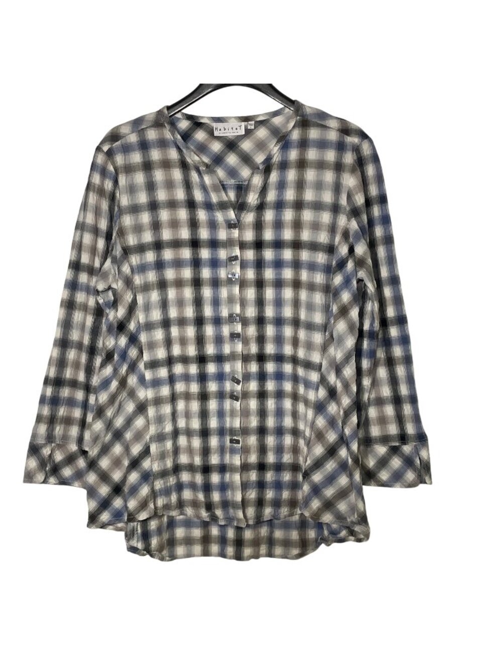 Habitat Plaid Button Up Crinkle Top Lagenlook Rectangle Buttons Blue Gray Sz LG